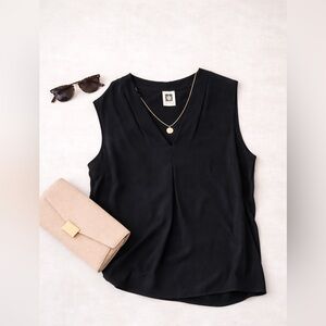 Anne Klein Black Sleeveless V-Neck Blouse Classic Minimalist Top Size L